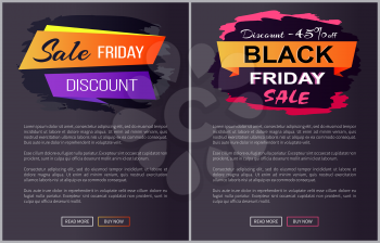 Sale Black Friday discounts advert banners with text on brush strokes, landing pages design for online shopping isolated on dark vector illustration