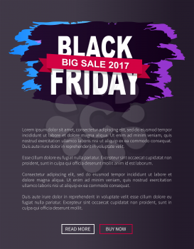 Big sale 2017 Black friday promo web poster with advertising information about discounts on painted stroke in dark colors inscription with text