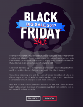 Black Friday big sale 2017 promo poster with advertising information about discounts on painted stroke in dark color inscription isolated with text