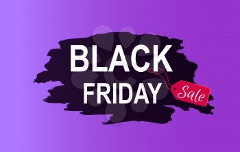Black friday sale promo poster with advertising information about discounts on painted stroke in black color inscription isolated on purple background