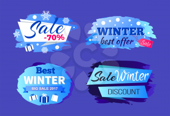 Best winter big sale 2017 special offer discount -70 vector seasonal labels with info about price reduction stickers with gifts and snowflakes