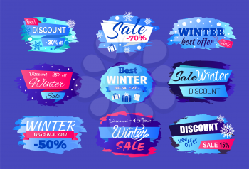 Winter discount best offer set of nine icons on dark blue background. Vector illustration with icy tags with seasonal sale clearance, various labels