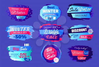 New offer discounts big winter sale 2017 collection of advertising labels with information about prices off vector tags seasonal set isolated on blue