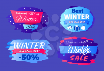 Discounts best winter big sale 2017 special offer -45 50 vector seasonal labels with info about price reduction stickers with gifts and snowballs