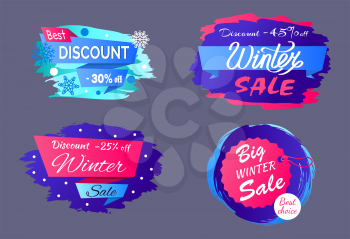 Best big winter discount promotion with four colorful icy tags on gray background. Vector illustration with signs decorated by snowflakes
