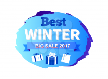 Best big winter sale 2017 icon isolated on white background. Vector illustration with discount clearance on cold-colored sign decorated with gift boxes