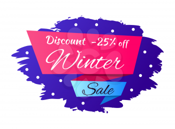 Winter discount -25 off promotion on blue sign decorated with colorful doodle. Vector illustration with quarter price off sale advert on white background