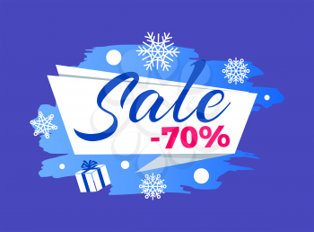 Winter seasonal total sale advert -70 on icy sign isolated on blue. Vector illustration with discount clearance decorated with gift box and snowflakes