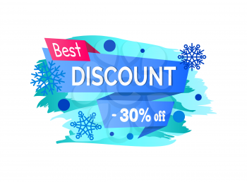 Best discount -30 off winter sale label with snowballs and snowflakes on abstract blue background isolated on white seasonal vector tag on ribbon
