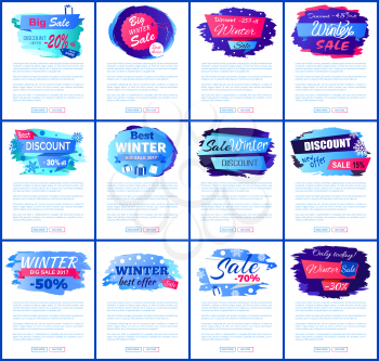 Big winter sale set of twelve posters with icy signs with seasonal discount clearance. Vector illustration with tags decorated by gift boxes and snow