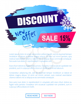 Discount new offer -15 sale winter label with snowballs snowflakes on abstract blue background isolated on white seasonal vector web poster with text