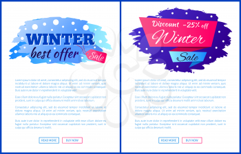 Winter best offer sale promo web posters with place for text and advertisement label discount -25 , snowballs on blue backdrop vector illustrations