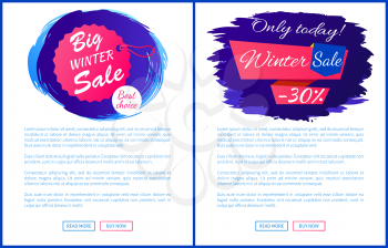 Only today winter sale - 30 off promo web posters on blue brush strokes vector hanging tag label on landing page. Advertisement xmas label design