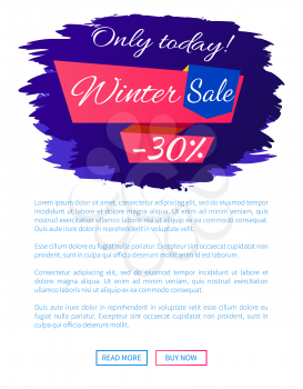 Only today winter sale - 30 off promo web poster on blue brush strokes vector illustration isolated with place for text. Advertisement xmas label design