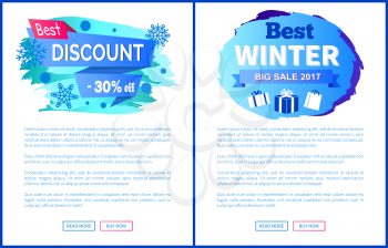 Best discount -30 off winter 2017 sale label with snowballs and snowflakes on abstract blue background isolated on white seasonal vector posters set