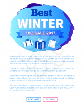 Best winter big sale 2017 label design on brush strokes vector illustration web poster with place for text with present gift boxes and online buttons