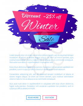 Discount - 25 winter sale web poster label design on blue background with snowflakes, vector illustration web buttons on landing page, place for text