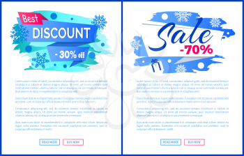 Best discount -30 off winter 2017 final sale 70 label with snowballs and snowflakes on abstract blue background isolated seasonal vector posters set