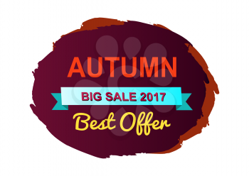 Autumn best offer big sale 2017, brown background, blue ribbon and beautiful lettering, sticker depicted on vector illustration isolated on white