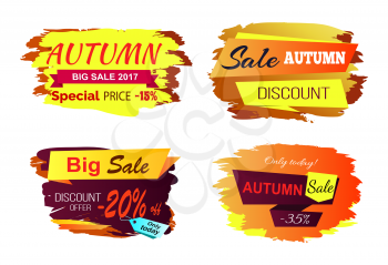 Autumn big sale offer with colorful golden signs isolated on white background. Vector illustration with seasonal discount clearance
