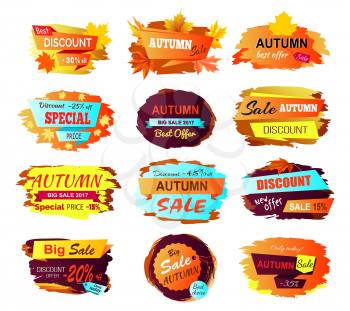 Best discount autumn sale, collection of stickers made up of titles, percents and decorative elements, such as foliage vector illustration