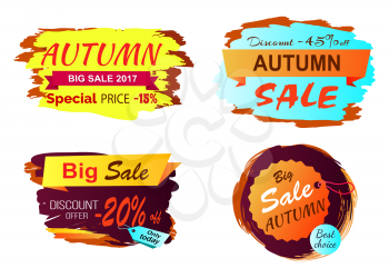Big autumn sale clearance icons isolated on white background. Vector illustration with discount advert on beautiful golden yellow labels