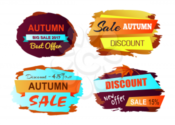 Autumn discount best offer colorful icons on white background. Vector illustration with sale clearance on set of four signs with yellowed leaves