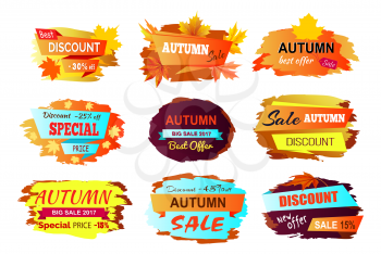 Autumn discount new offer set of nine colorful labels decorated with golden foliage on white background. Vector illustration with seasonal discount