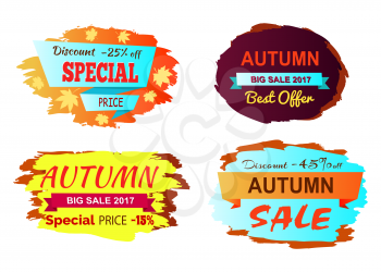 Discount -25 off special price, autumn big sale, best offer, set of stickers with headlines and foliage vector illustration isolated on white