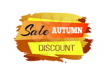 Sale autumn discount, poster depicting orange and yellow stripes with text on them, sticker represented on vector illustration isolated on white
