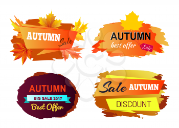 Autumn sale best offer and discount, set of stickers with leaves denoting seasonal clearance on vector illustration isolated on white