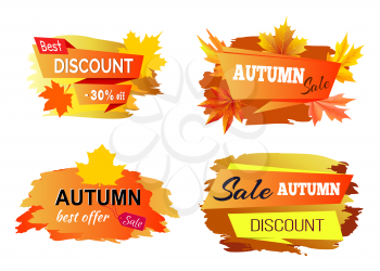 Best autumn discount offer with golden signs decorated with yellowed foliage on white background. Vector illustration with seasonal special offer advert