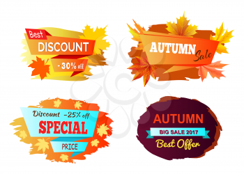 Best discount autumn sale set of four icons on white decorated with yellowed maple leaves. Vector illustration with special proposition