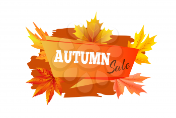 Autumn sale, promo poster including headline place in centerpiece and icons of maple leaves, image represented on vector illustration