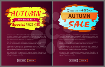 Autumn big sale 2017 special price -15 advetr promo posters with labels and place for text, web page design with sticker about fall discounts vector