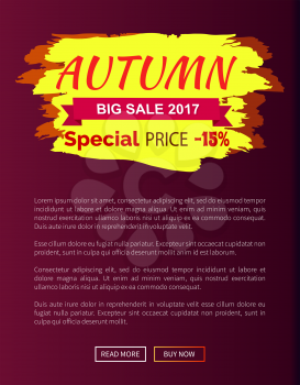 Special price autumn sale - 15 advert promo poster with label and place for text, web page design informative sticker about fall discounts vector