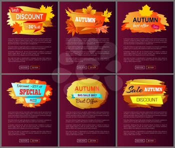 Autumn big sale 2017 best offer special price discounts on fall collection web banners with buttons read and buy now vector set of posters with leaves