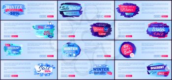 Set of winter online posters with new offer discounts big seasonal sale 2017 collection of advertising labels with information about prices off vector