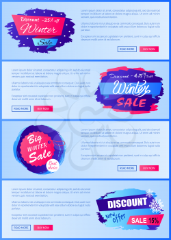 Winter sale web posters design with buttons read more and buy now, online landing pages with discounts labels decorated by snowflakes and brush strokes