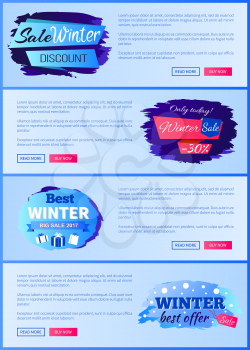 Sale winter discount, only today sale -30 , set of webpages with decorated headlines, informational text and buttons on vector illustration