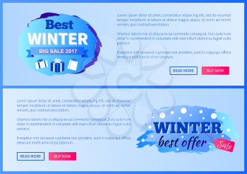 Best winter big sale 2017 vector illustration landing pages design with place for ext informing about reduction of prices, shopping labels with gifts