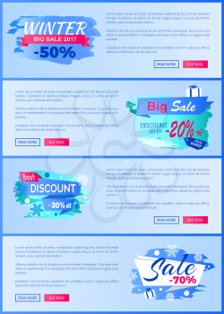 Winter season best discount -30 off 2017 final sale 70 labels with snowballs and snowflakes on abstract blue background seasonal vector posters set