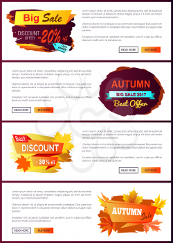 Big autumn sale new offer discounts only today best choice price off 2017 set of vector posters with text online web pages with color fall labels