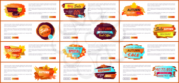 Big set of fall autumn sale web posters with promo advertising labels informing about discounts, banners place for text vector illustrations collection