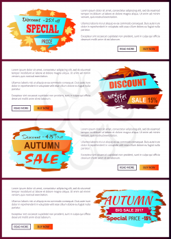Special offer autumn sale posters set with promo advertising labels informing about discounts on web banners with place for text vector illustrations
