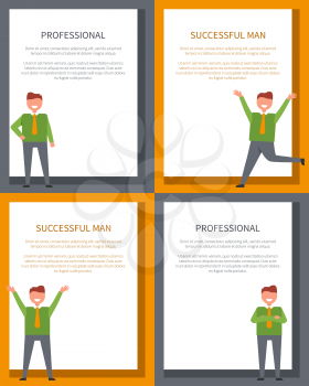 Professional successful men posters set with businessman running holding hands up. Vector of smiling businesspeople isolated with frame for text