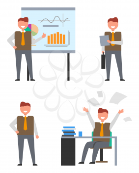 Set of four icons with man representing data on projector, standing with stuff in hands or sitting on his workplace. Background of vector illustration is white