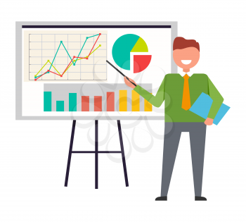 Businessman standing at interactive whiteboard. Vector illustration of smiling man in green sweater pointing at various charts on white background