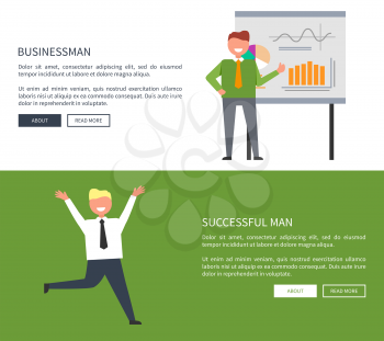 Happy successful man with businessman representing statistics on projector. Vector illustration of two people in office on separate white and green backgrounds