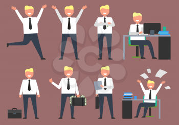 Active businessman at work doing different activities such as working and having fun and staying positive all time vector illustration